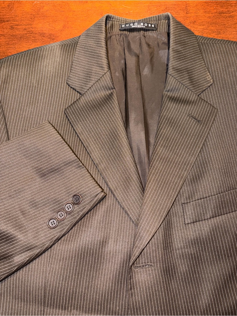 VTG Hugo Boss Einstein/Beta Pinstripe Wool Blazer 3-Button 42R Dark Brown